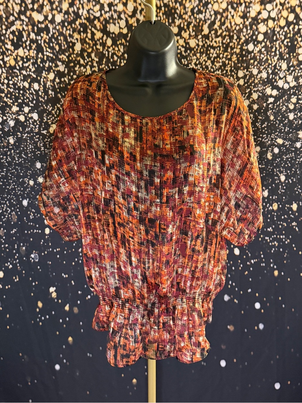 Madison Multicolor Orange & Burgundy Printed Blouson Top